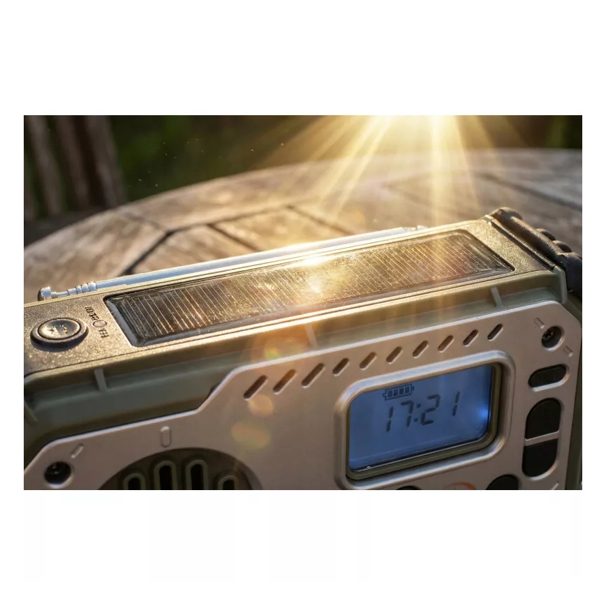 Retkiradio käsikampilla, aurinkopaneelilla ja LED-taskulampulla, jossa virtapankkitoiminto 5V/3xAAA/2000 mAh, IPX4, vihreä