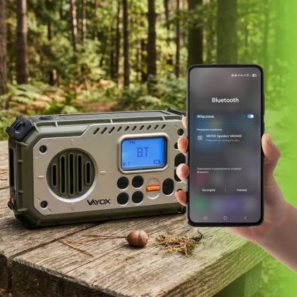 Retkiradio käsikampilla, aurinkopaneelilla ja LED-taskulampulla, jossa virtapankkitoiminto 5V/3xAAA/2000 mAh, IPX4, vihreä