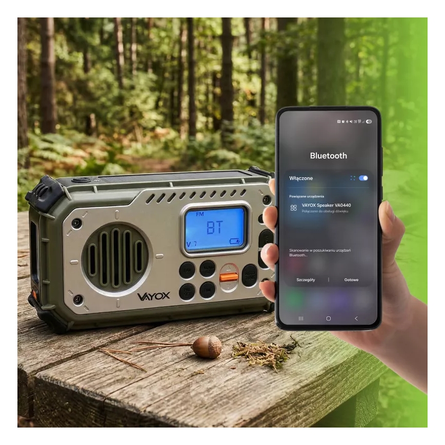 Retkiradio käsikampilla, aurinkopaneelilla ja LED-taskulampulla, jossa virtapankkitoiminto 5V/3xAAA/2000 mAh, IPX4, vihreä