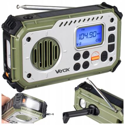 Retkiradio käsikampilla, aurinkopaneelilla ja LED-taskulampulla, jossa virtapankkitoiminto 5V/3xAAA/2000 mAh, IPX4, vihreä