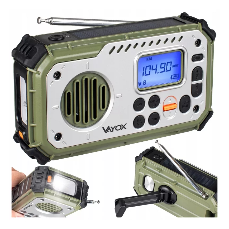 Retkiradio käsikampilla, aurinkopaneelilla ja LED-taskulampulla, jossa virtapankkitoiminto 5V/3xAAA/2000 mAh, IPX4, vihreä