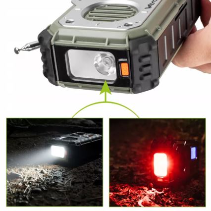Retkiradio käsikampilla, aurinkopaneelilla ja LED-taskulampulla, jossa virtapankkitoiminto 5V/3xAAA/2000 mAh, IPX4, vihreä