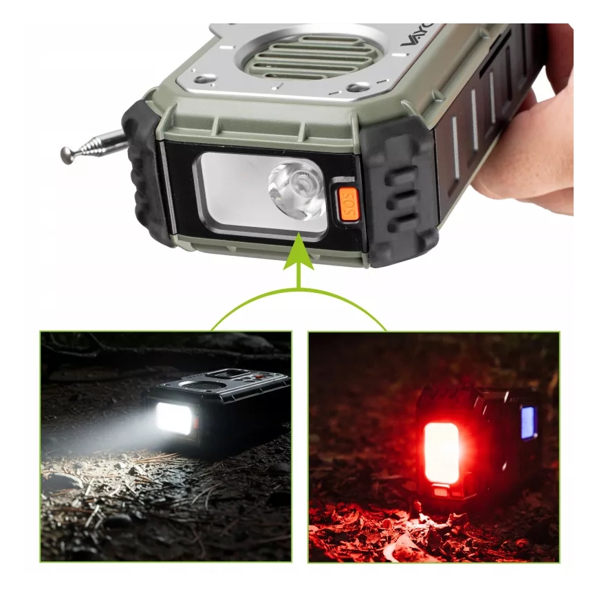Retkiradio käsikampilla, aurinkopaneelilla ja LED-taskulampulla, jossa virtapankkitoiminto 5V/3xAAA/2000 mAh, IPX4, vihreä