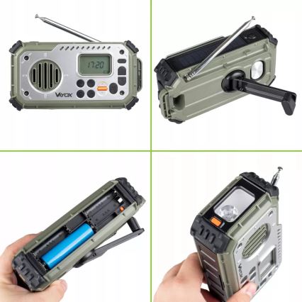 Retkiradio käsikampilla, aurinkopaneelilla ja LED-taskulampulla, jossa virtapankkitoiminto 5V/3xAAA/2000 mAh, IPX4, vihreä