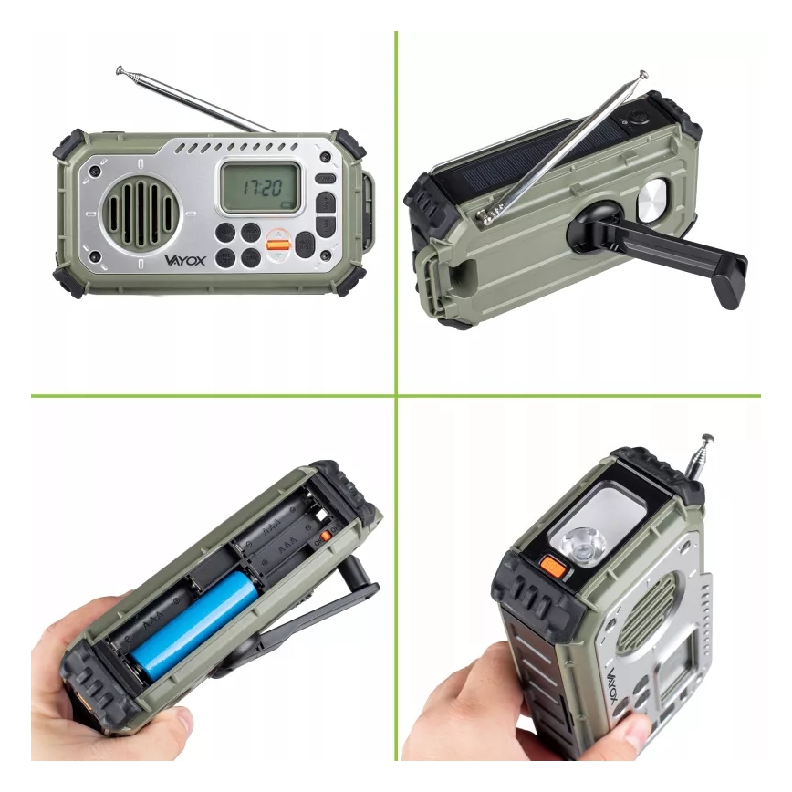 Retkiradio käsikampilla, aurinkopaneelilla ja LED-taskulampulla, jossa virtapankkitoiminto 5V/3xAAA/2000 mAh, IPX4, vihreä