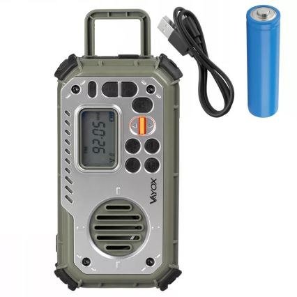 Retkiradio käsikampilla, aurinkopaneelilla ja LED-taskulampulla, jossa virtapankkitoiminto 5V/3xAAA/2000 mAh, IPX4, vihreä