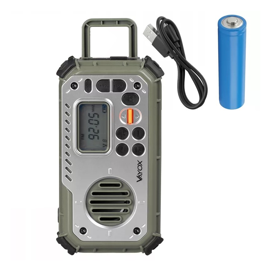 Retkiradio käsikampilla, aurinkopaneelilla ja LED-taskulampulla, jossa virtapankkitoiminto 5V/3xAAA/2000 mAh, IPX4, vihreä