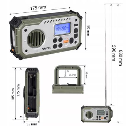 Retkiradio käsikampilla, aurinkopaneelilla ja LED-taskulampulla, jossa virtapankkitoiminto 5V/3xAAA/2000 mAh, IPX4, vihreä