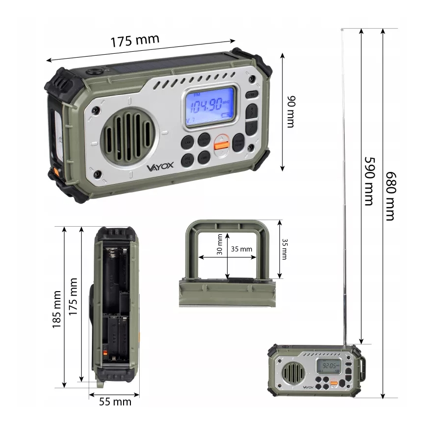 Retkiradio käsikampilla, aurinkopaneelilla ja LED-taskulampulla, jossa virtapankkitoiminto 5V/3xAAA/2000 mAh, IPX4, vihreä