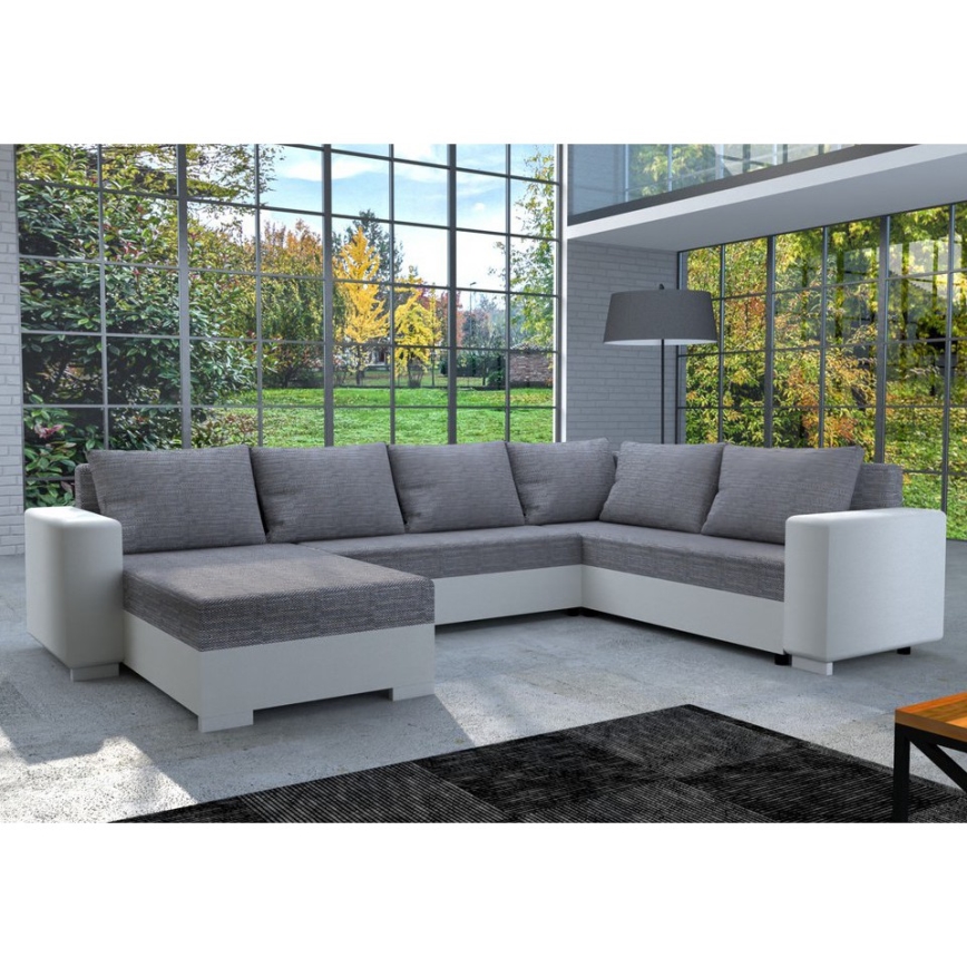 Verhoiltu, monikäyttöinen U-muotoinen avattava sohva YORK valkoinen/harmaa