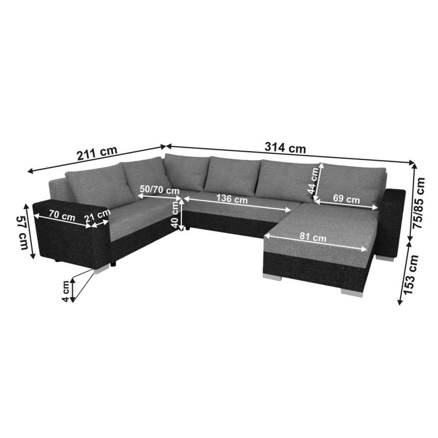 Verhoiltu, monikäyttöinen U-muotoinen avattava sohva YORK valkoinen/harmaa