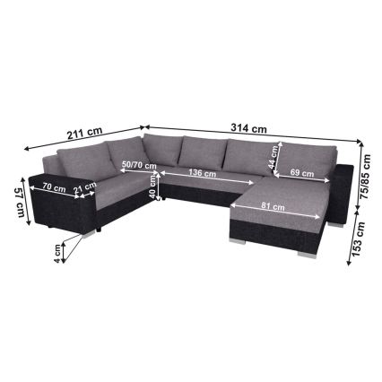 Verhoiltu monikäyttöinen U-muotoinen avattava sohvasarja YORK harmaa/musta