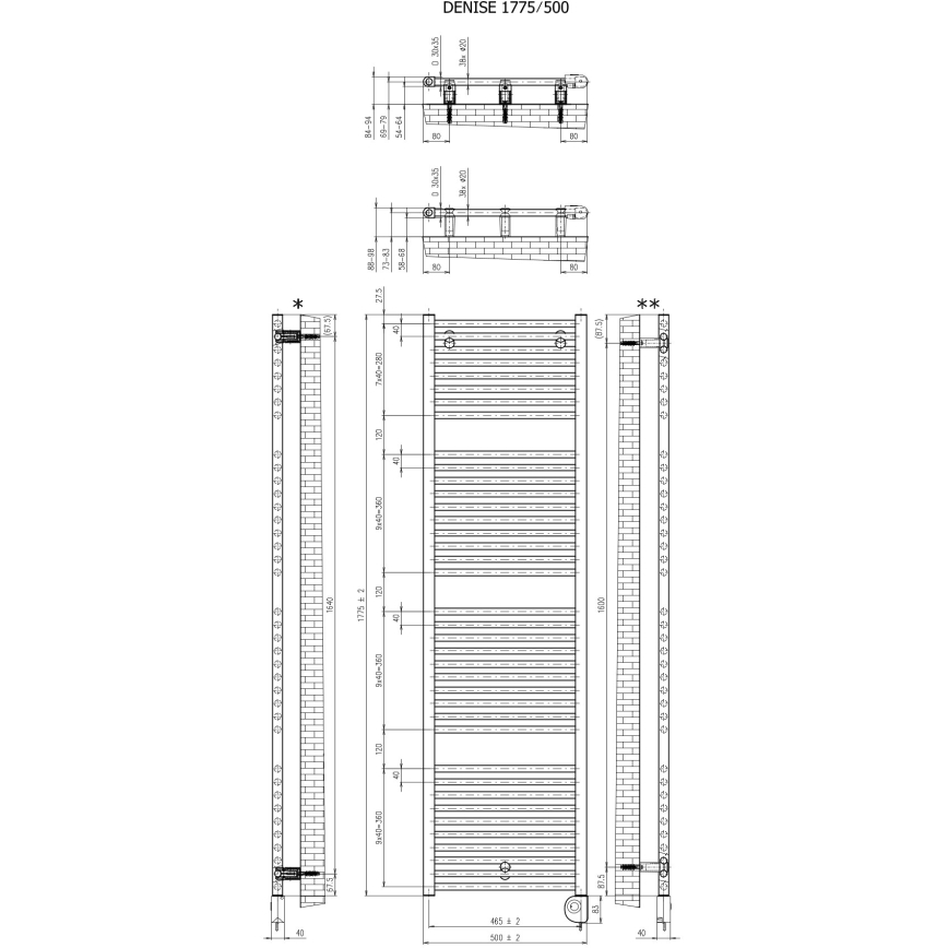 Vertaduro - DENISE kylpyhuonepatteri termostaatilla, 800 W, 178 x 50 cm, valkoinen