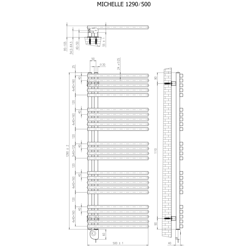 Vertaduro - Kylpyhuoneen pyyhekuivain termostaatilla MICHELLE 600W 129x50 cm valkoinen