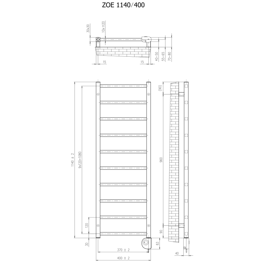 Vertaduro - Kylpyhuoneen pyyhekuivain termostaatilla ZOE 400W 114x40 cm musta