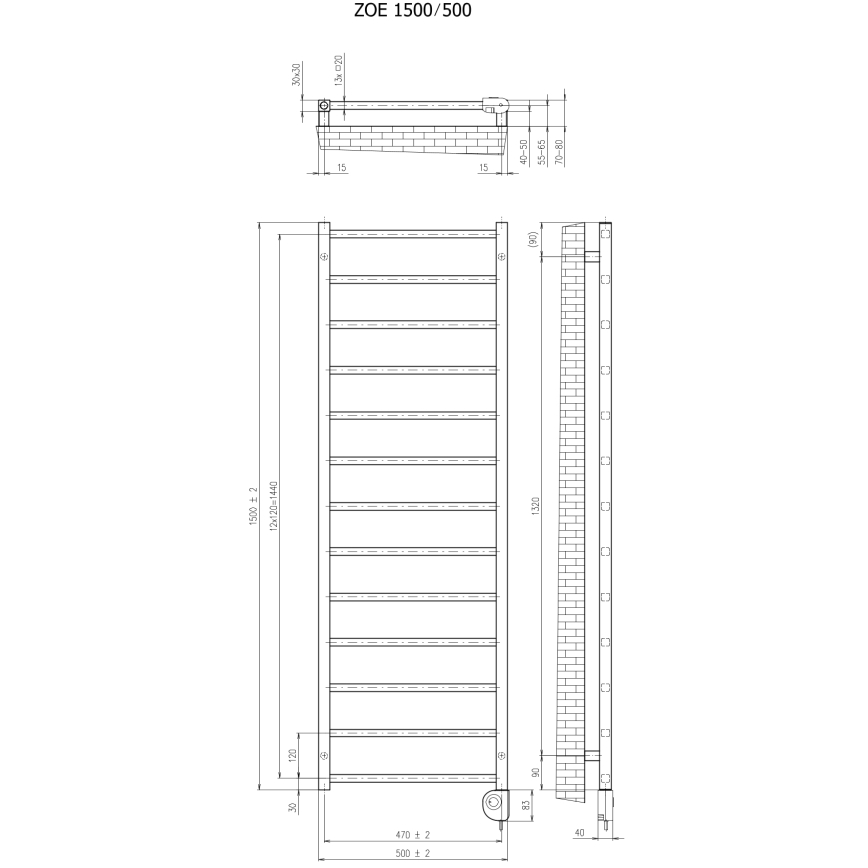 Vertaduro - ZOE kylpyhuoneen pyyhekuivain termostaatilla 400W 150x50 cm antrasiitti