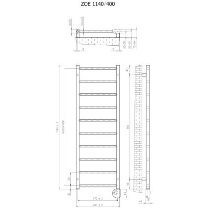 Vertaduro - ZOE kylpyhuonepatteri termostaatilla 400W 114x40 cm antrasiitti