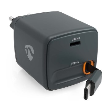 Vetokaapelillinen 30W Power Delivery -laturi, 2 x USB-C, musta