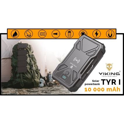Viking - Powerbank LED-taskulampulla, langattomalla latauksella ja aurinkopaneelilla Power Delivery 22,5W/10000 mAh