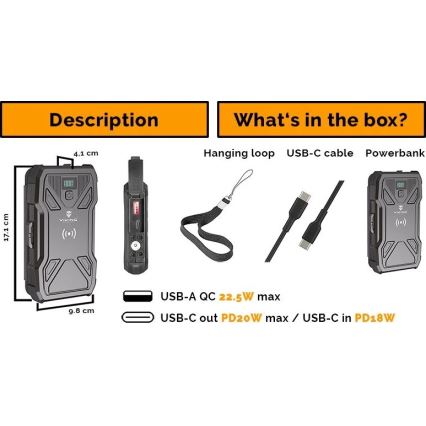 Viking - Powerbank LED-taskulampulla, langattomalla latauksella ja aurinkopaneelilla Power Delivery 22,5W/10000 mAh