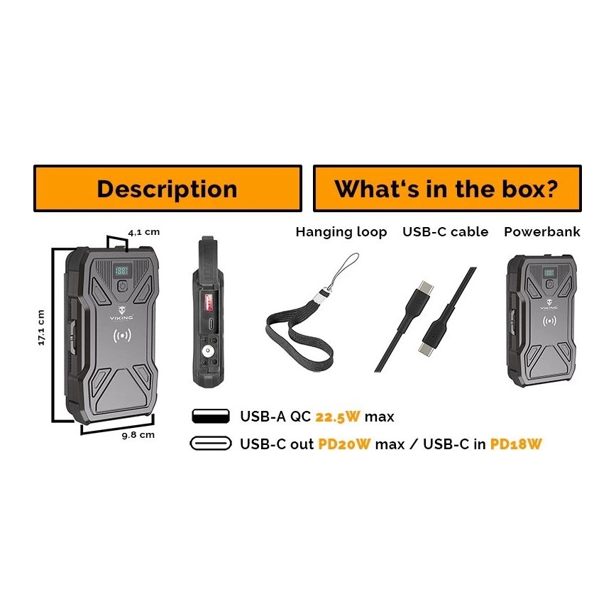 Viking - Powerbank LED-taskulampulla, langattomalla latauksella ja aurinkopaneelilla Power Delivery 22,5W/10000 mAh