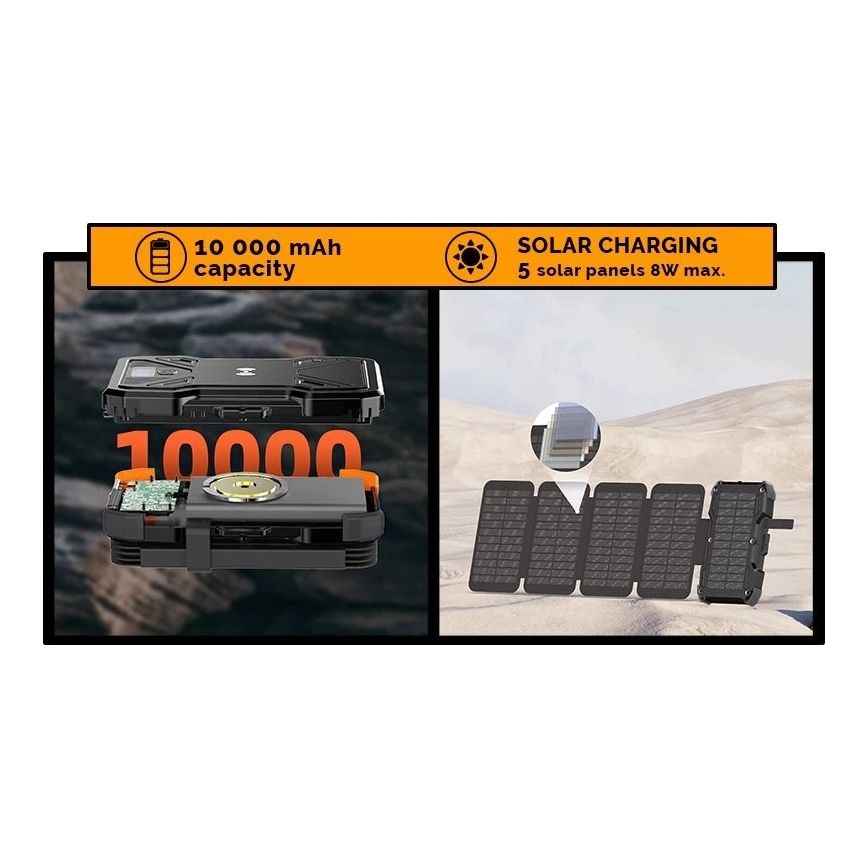 Viking - Powerbank LED-taskulampulla, langattomalla latauksella ja aurinkopaneelilla Power Delivery 22,5W/10000 mAh