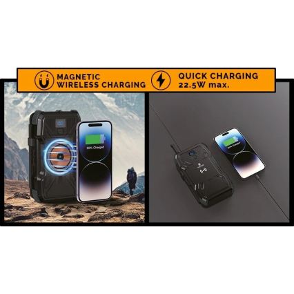 Viking - Powerbank LED-taskulampulla, langattomalla latauksella ja aurinkopaneelilla Power Delivery 22,5W/10000 mAh