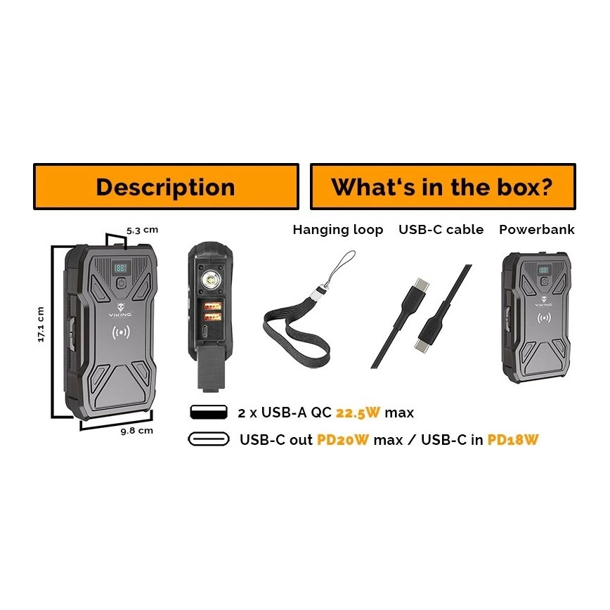 Viking - varavirtalähde LED-taskulampulla, langattomalla latauksella ja aurinkopaneelilla Power Delivery 22,5W/20000 mAh
