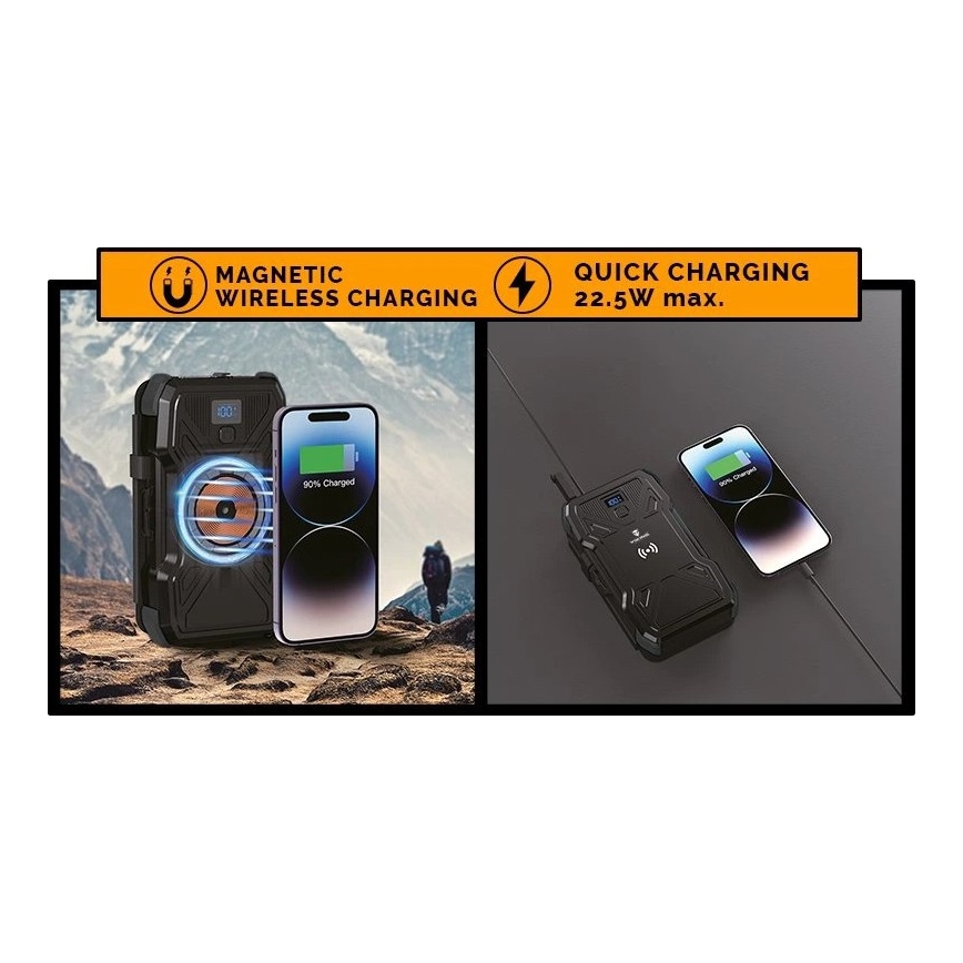 Viking - varavirtalähde LED-taskulampulla, langattomalla latauksella ja aurinkopaneelilla Power Delivery 22,5W/20000 mAh