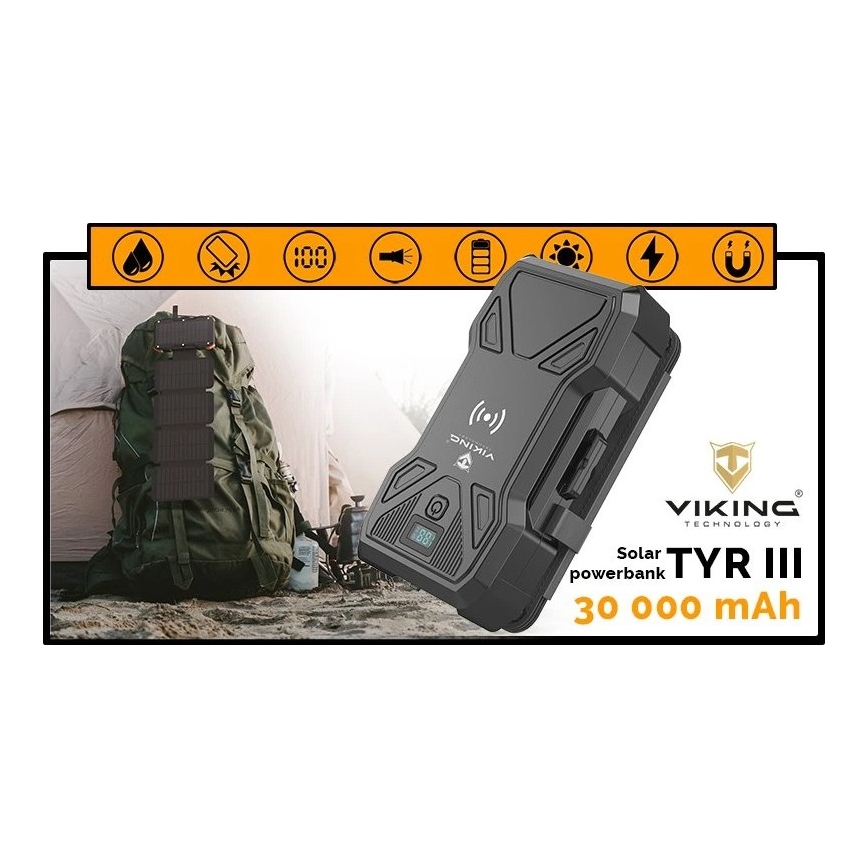 Viking – powerbank LED-taskulampulla, langattomalla latauksella ja aurinkopaneelilla, Power Delivery 22,5 W / 30 000 mAh