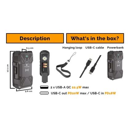 Viking – powerbank LED-taskulampulla, langattomalla latauksella ja aurinkopaneelilla, Power Delivery 22,5 W / 30 000 mAh