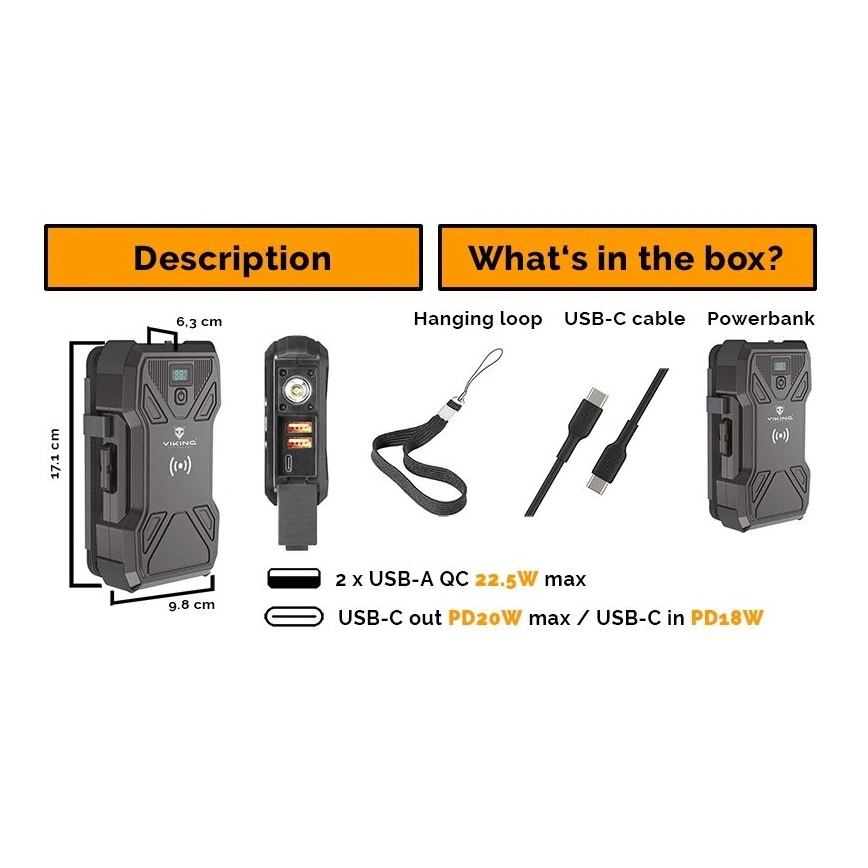 Viking – powerbank LED-taskulampulla, langattomalla latauksella ja aurinkopaneelilla, Power Delivery 22,5 W / 30 000 mAh
