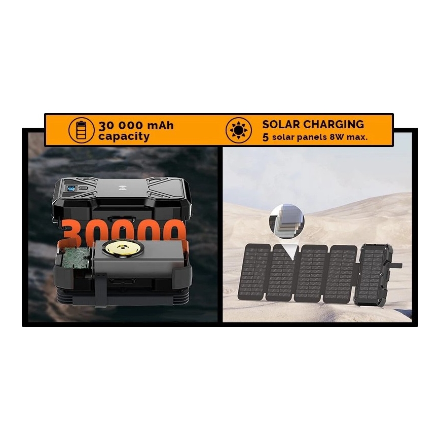 Viking – powerbank LED-taskulampulla, langattomalla latauksella ja aurinkopaneelilla, Power Delivery 22,5 W / 30 000 mAh