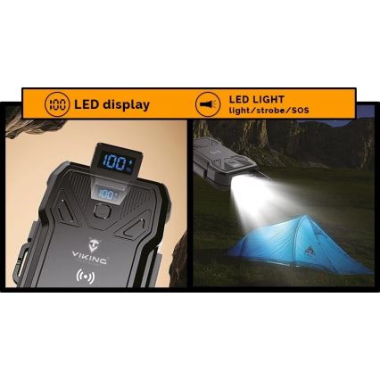 Viking – powerbank LED-taskulampulla, langattomalla latauksella ja aurinkopaneelilla, Power Delivery 22,5 W / 30 000 mAh