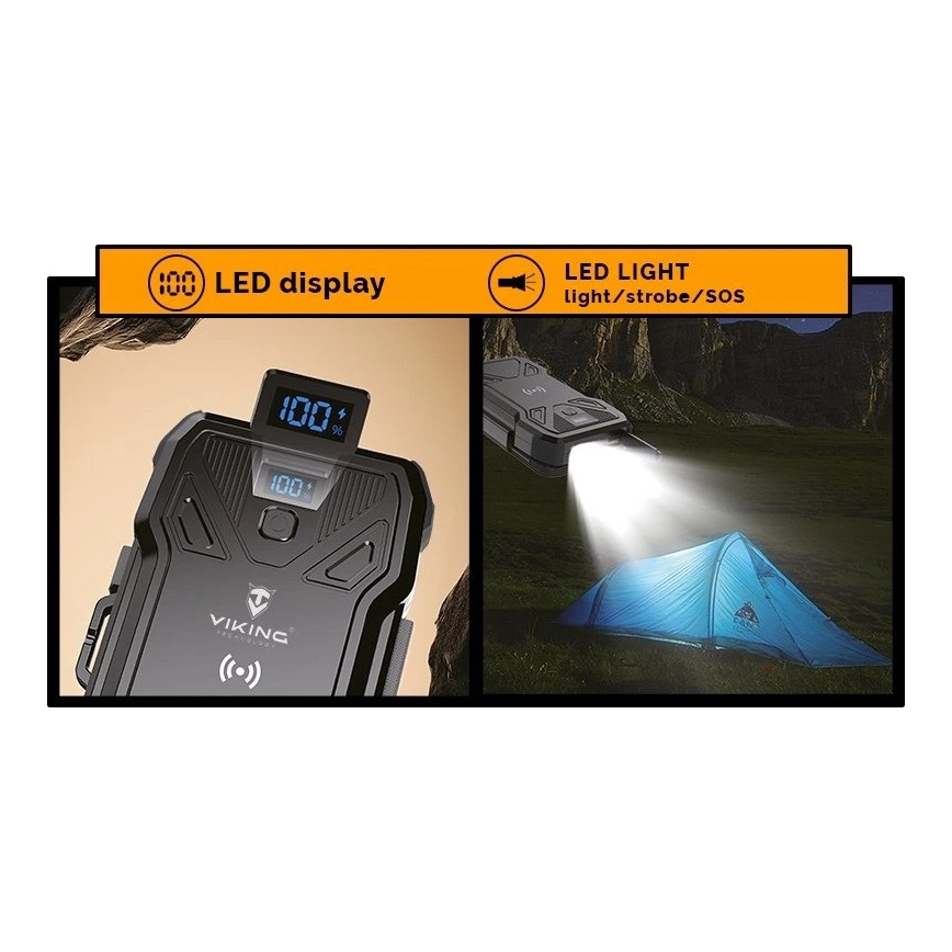 Viking – powerbank LED-taskulampulla, langattomalla latauksella ja aurinkopaneelilla, Power Delivery 22,5 W / 30 000 mAh