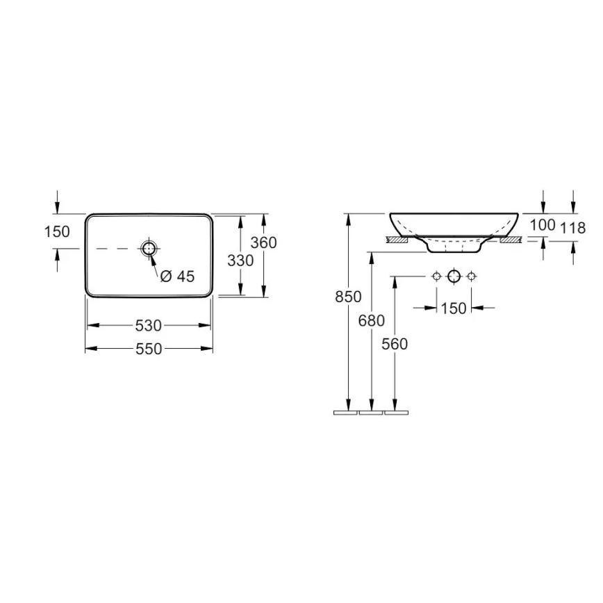 Villeroy & Boch 41135501 - Tasolle asennettava VENTICELLO-pesuallas 55,5x36 cm keramiikka/valkoinen