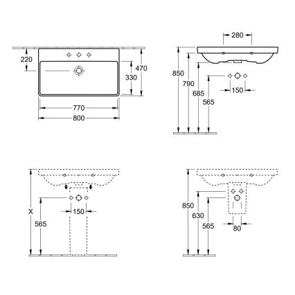 Villeroy & Boch 41568001 - Seinään asennettava pesuallas AVENTO 80x47 cm keramiikka/valkoinen