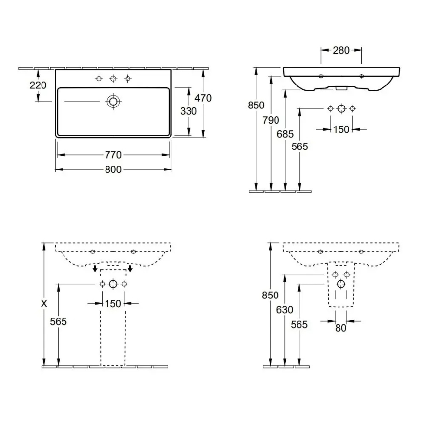 Villeroy & Boch 41568001 - Seinään asennettava pesuallas AVENTO 80x47 cm keramiikka/valkoinen