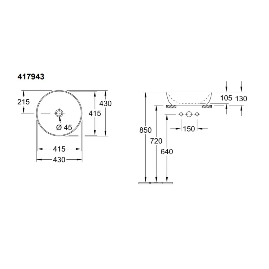 Villeroy & Boch 417943R1 - ARTIS-pöytätason pesuallas Ø 43 cm keramiikka/valkoinen