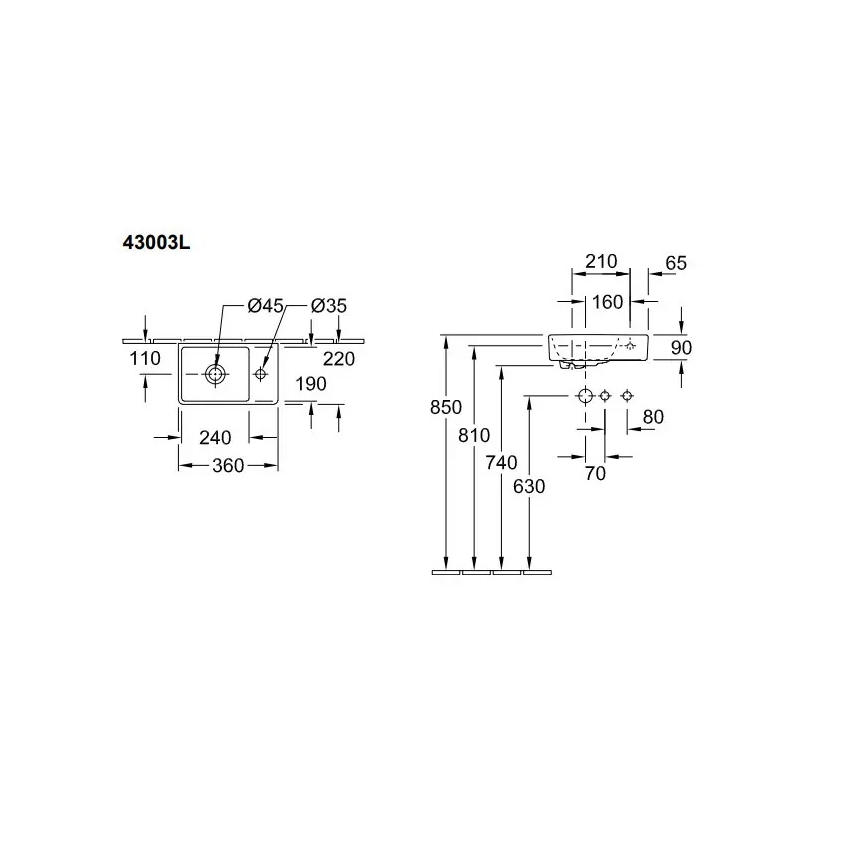 Villeroy & Boch 43003L01 - Seinään asennettava pesuallas AVENTO 36x22 cm keraaminen/valkoinen