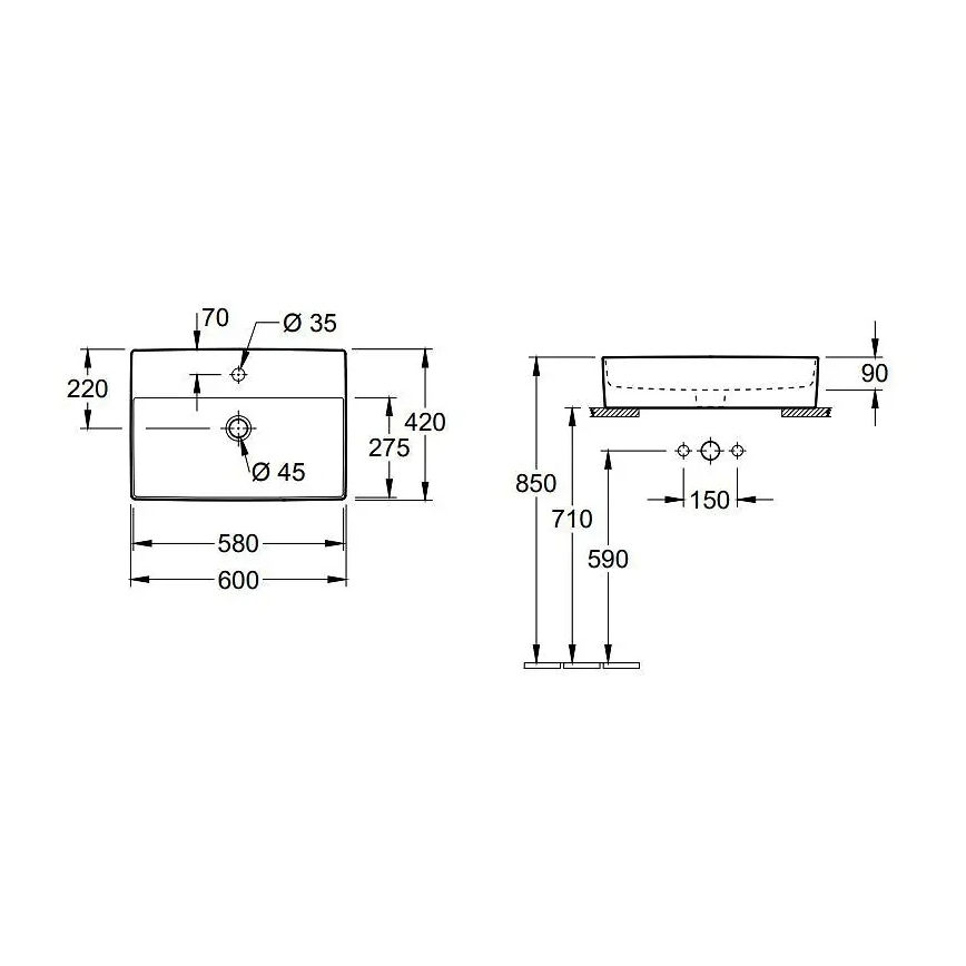 Villeroy & Boch 4A076001 - Pöytätason pesuallas MEMENTO 60x42 cm keramiikka/valkoinen