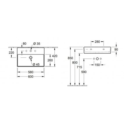 Villeroy & Boch 4A226001 - Seinään asennettava pesuallas MEMENTO 60x42 cm keramiikka/valkoinen