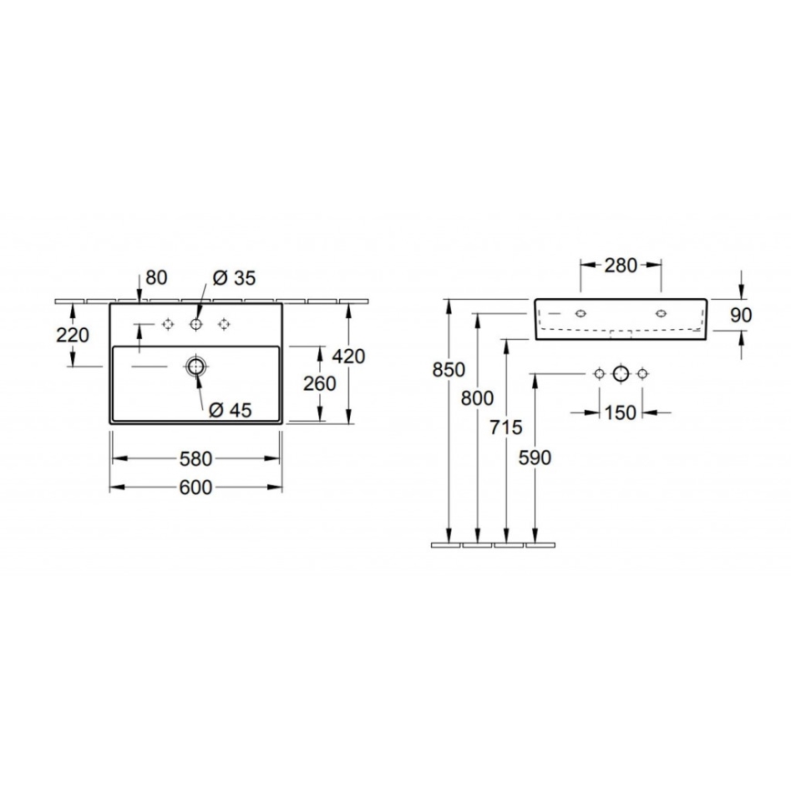 Villeroy & Boch 4A226001 - Seinään asennettava pesuallas MEMENTO 60x42 cm keramiikka/valkoinen