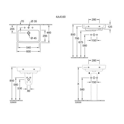 Villeroy & Boch 4A416001 - Seinäkiinnitteinen pesuallas O.NOVO 60x46 cm keraaminen/valkoinen