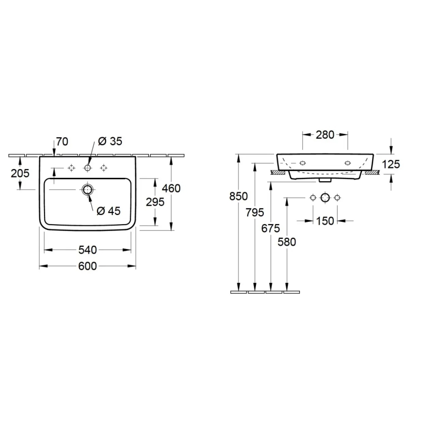 Villeroy & Boch 4A416G01 - Seinään asennettava pesuallas O.NOVO 60x46 cm keraaminen/valkoinen