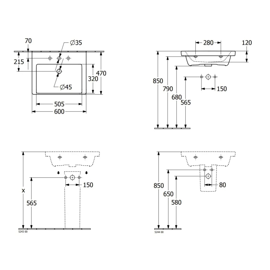 Villeroy & Boch 4A706001 - Seinäkiinnitteinen pesuallas SUBWAY 3.0 60x47 cm keramiikka/valkoinen