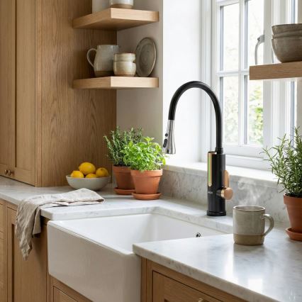 Virtaava vedenlämmitin LED-näytöllä 3000W/230V IPX4, musta/kulta