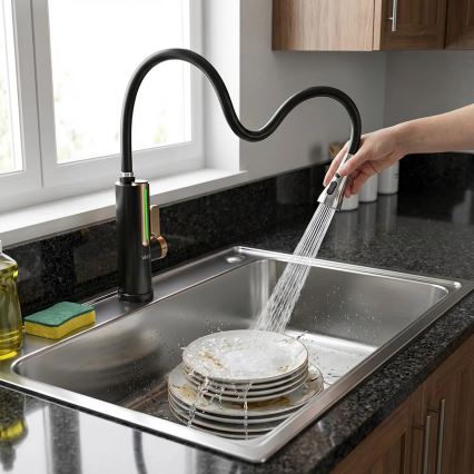 Virtaava vedenlämmitin LED-näytöllä 3000W/230V IPX4, musta/kulta