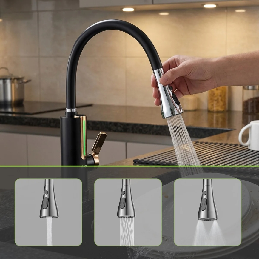 Virtaava vedenlämmitin LED-näytöllä 3000W/230V IPX4, musta/kulta