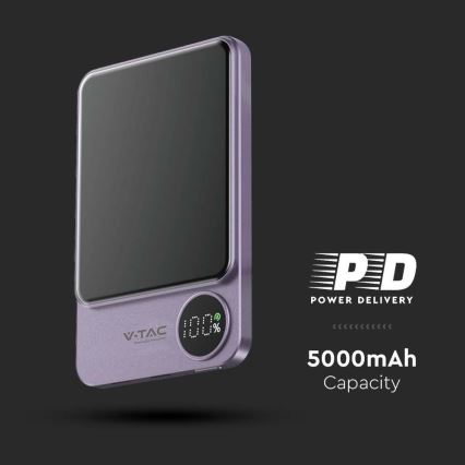 Virtapankki näytöllä magneettinen Power Delivery 5000mAh/20W/5V violetti